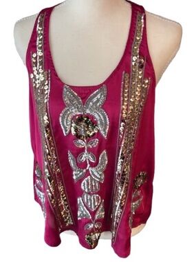 NWT XOXO Fuchsia Sequin Embellished Boho Pink Camisole Tank Silver Gold Floral